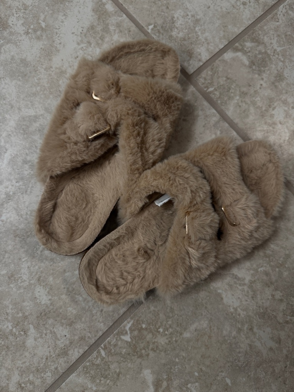 Faux Fur Slide Sandals in Taupe - Women